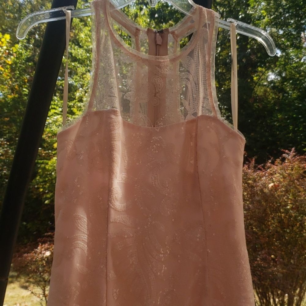 Maxi Dress Blush Pink 6 Sequins on Sheer Illusion A line Elegant Formal Gown - Picture 3 of 7